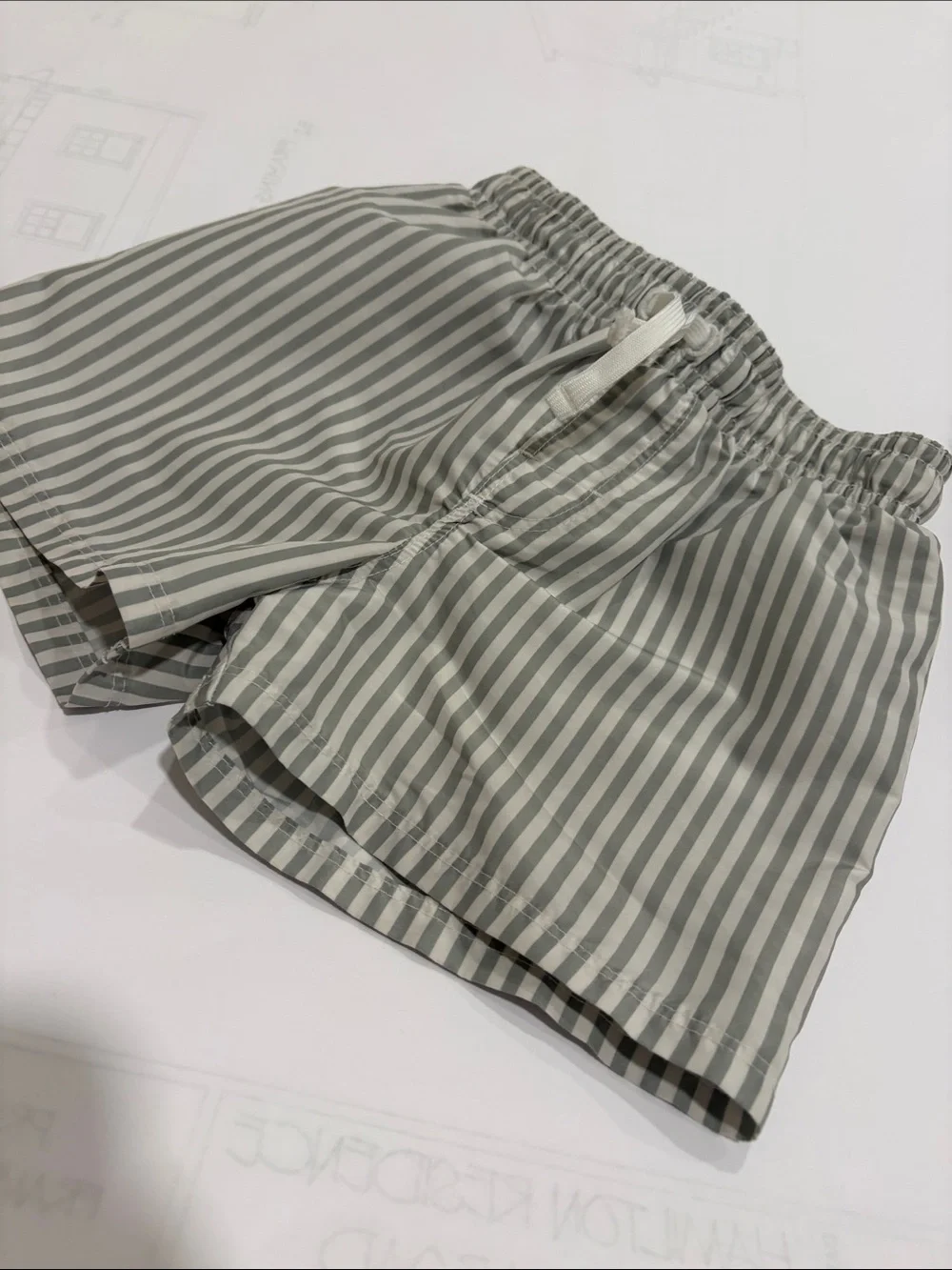 H&M Light Gray and White Striped Swim Shorts